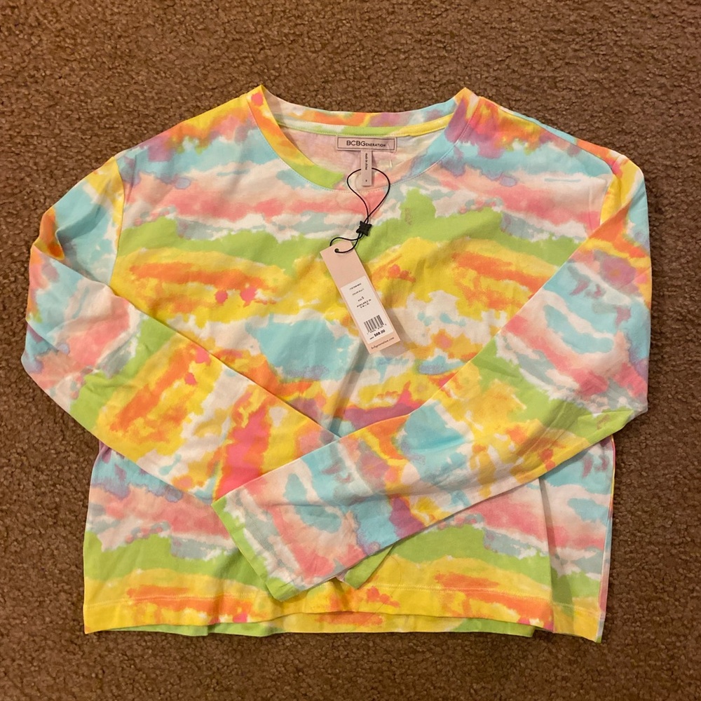 BCBGeneration NWT Watercolor Print Cropped Long Sleeve Scoop Neck Tee Multicolor
